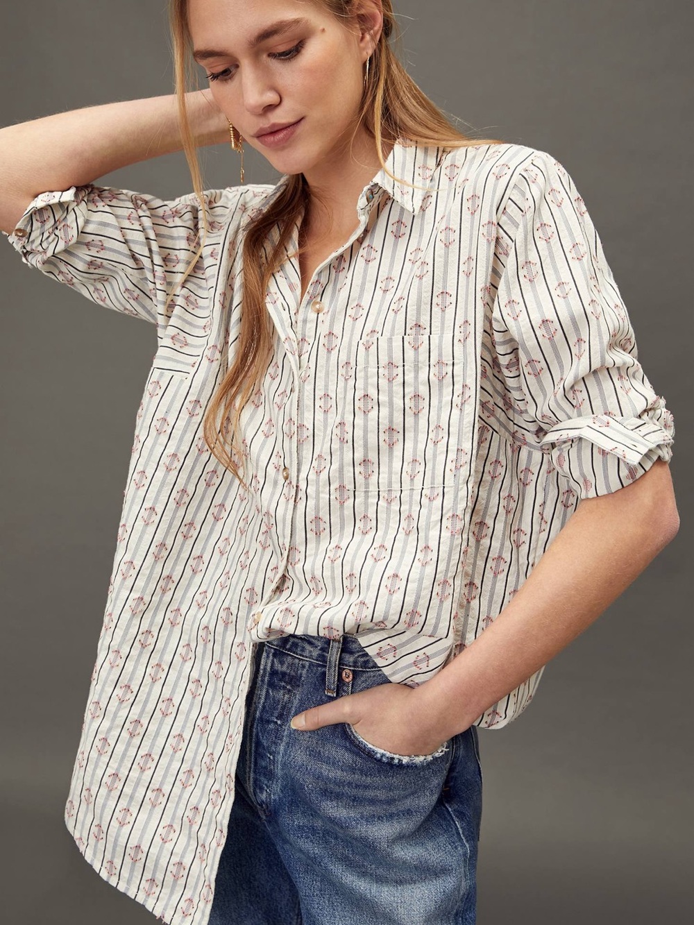 Pilcro Anthropologie Germaine Oversized Boyfriend Button Shirt Size S Striped